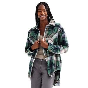SO Womens Plaid Shacket Green Pink Oversized High Low Button Front Shirt Jacket